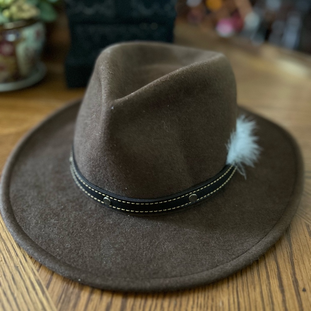 Vintage Brown Wool Cowboy Hat with Leather Band & Feather Accent - Picture 14 of 14